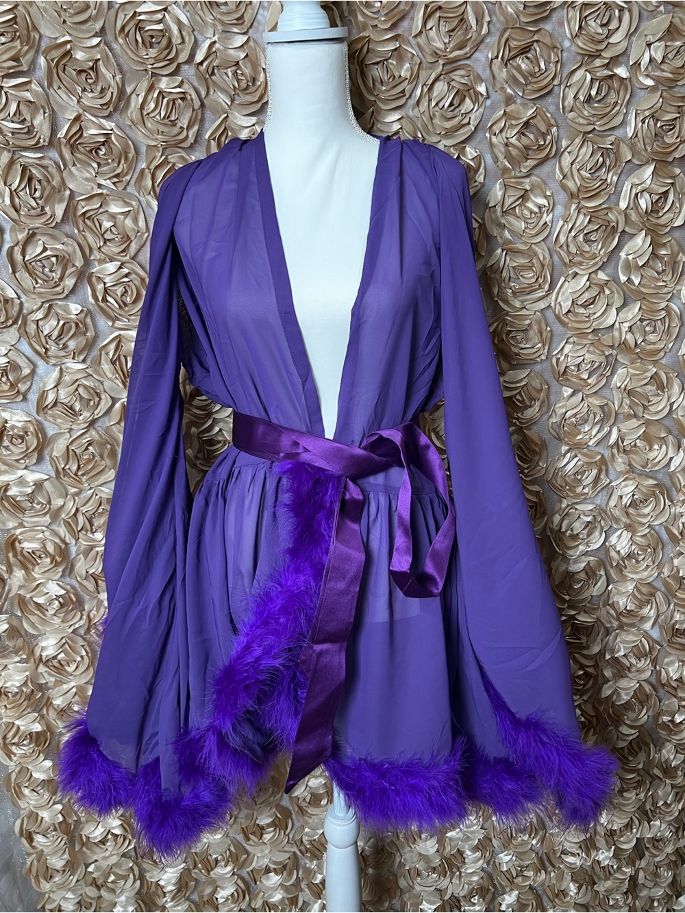 Purple Sheer Marabou Trim Robe - Women Intimates